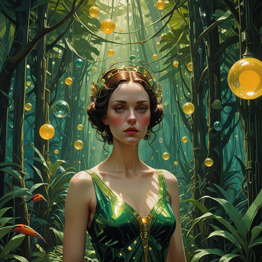 Surreal Rainforest Dreamscape with Crystal Chandeliers and C...