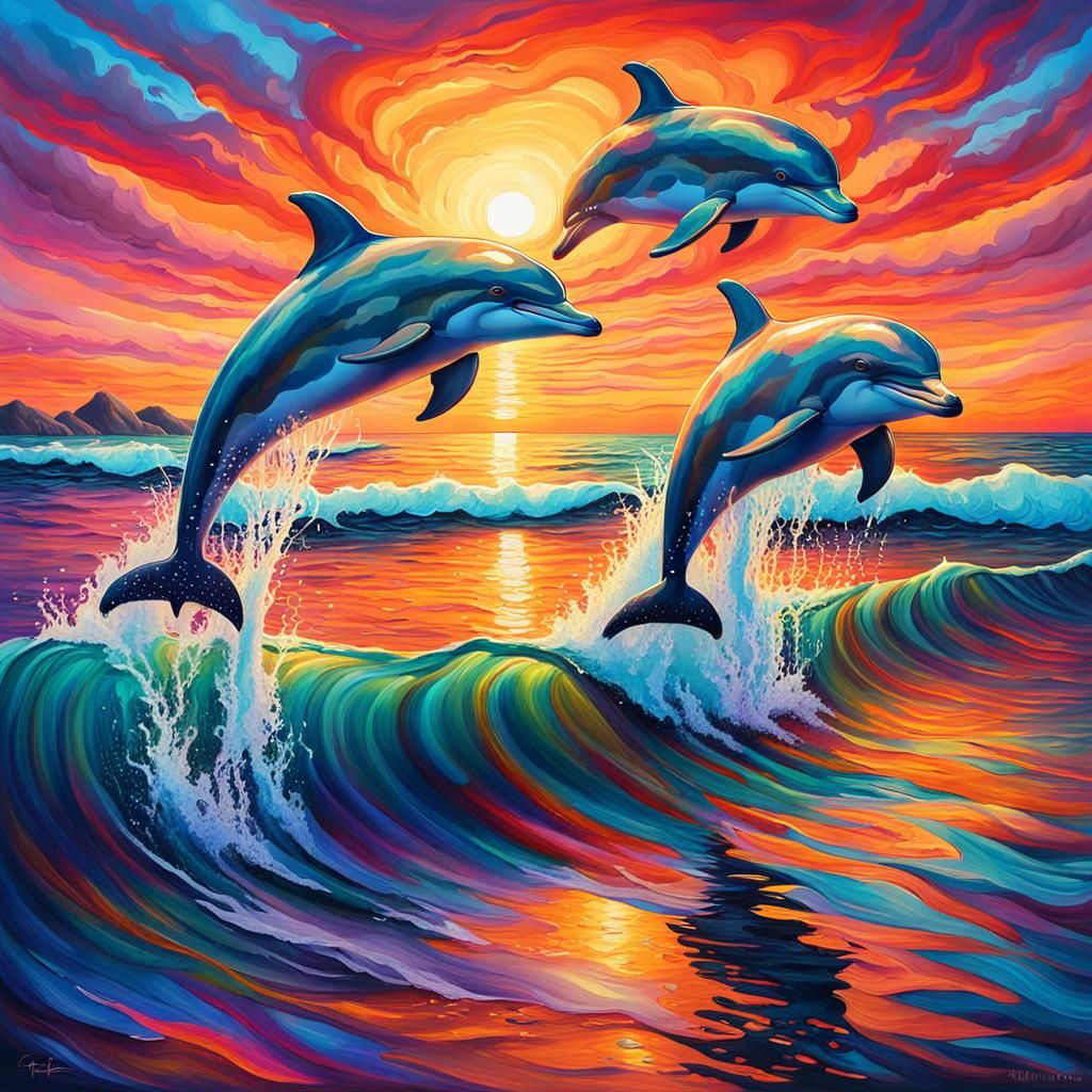 Vibrant Dolphins in Sunset Ocean Scene
