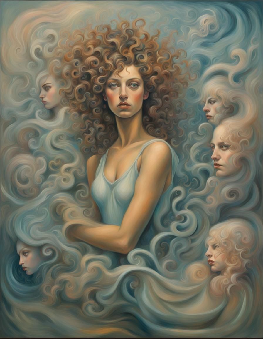 Surrealist Painting of Woman with Curly Hair