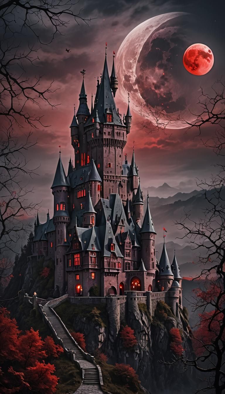 Eerie Vampire Castle Under Red Moon