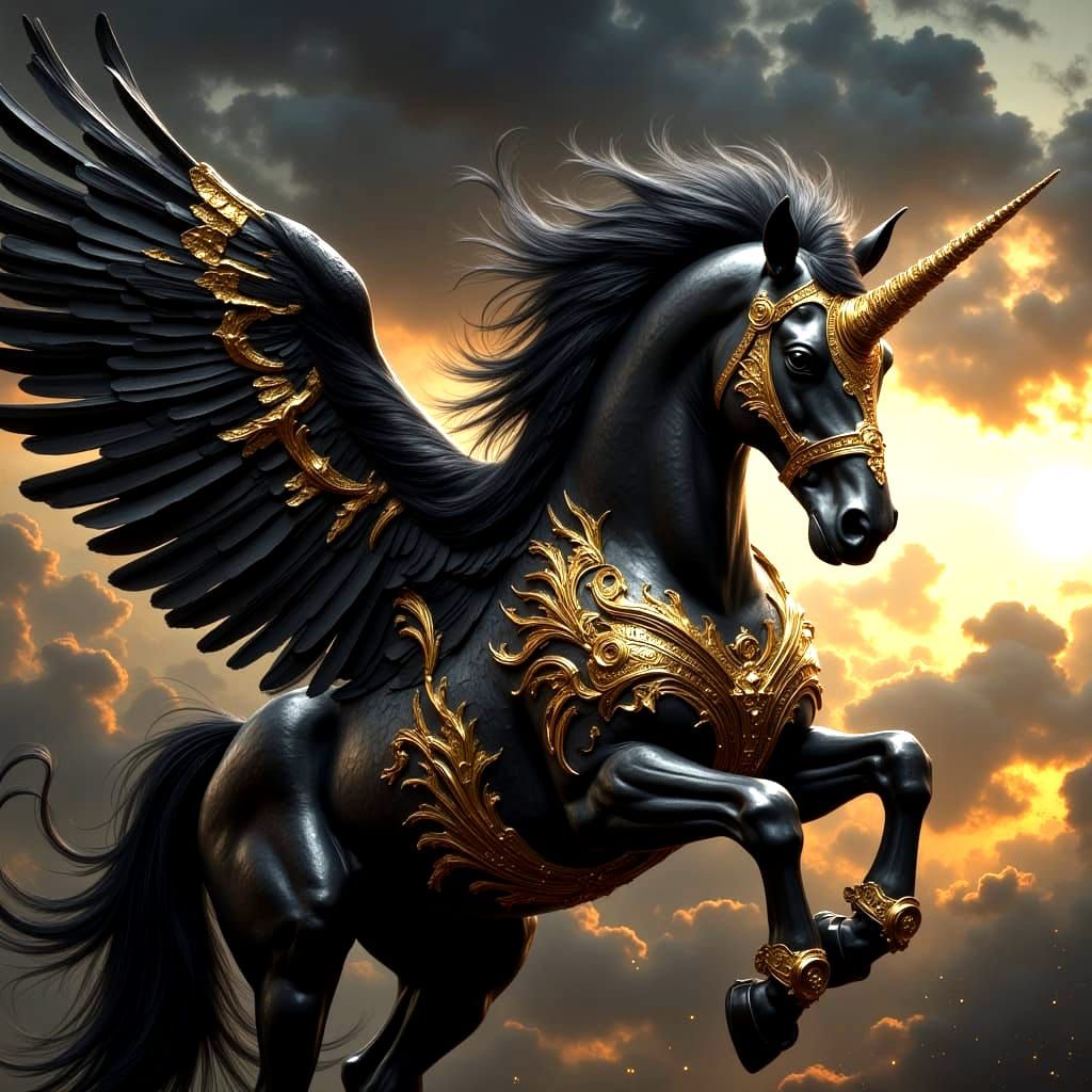 Epic Black Winged Unicorn Soars Through Dramatic Sunset Skie...