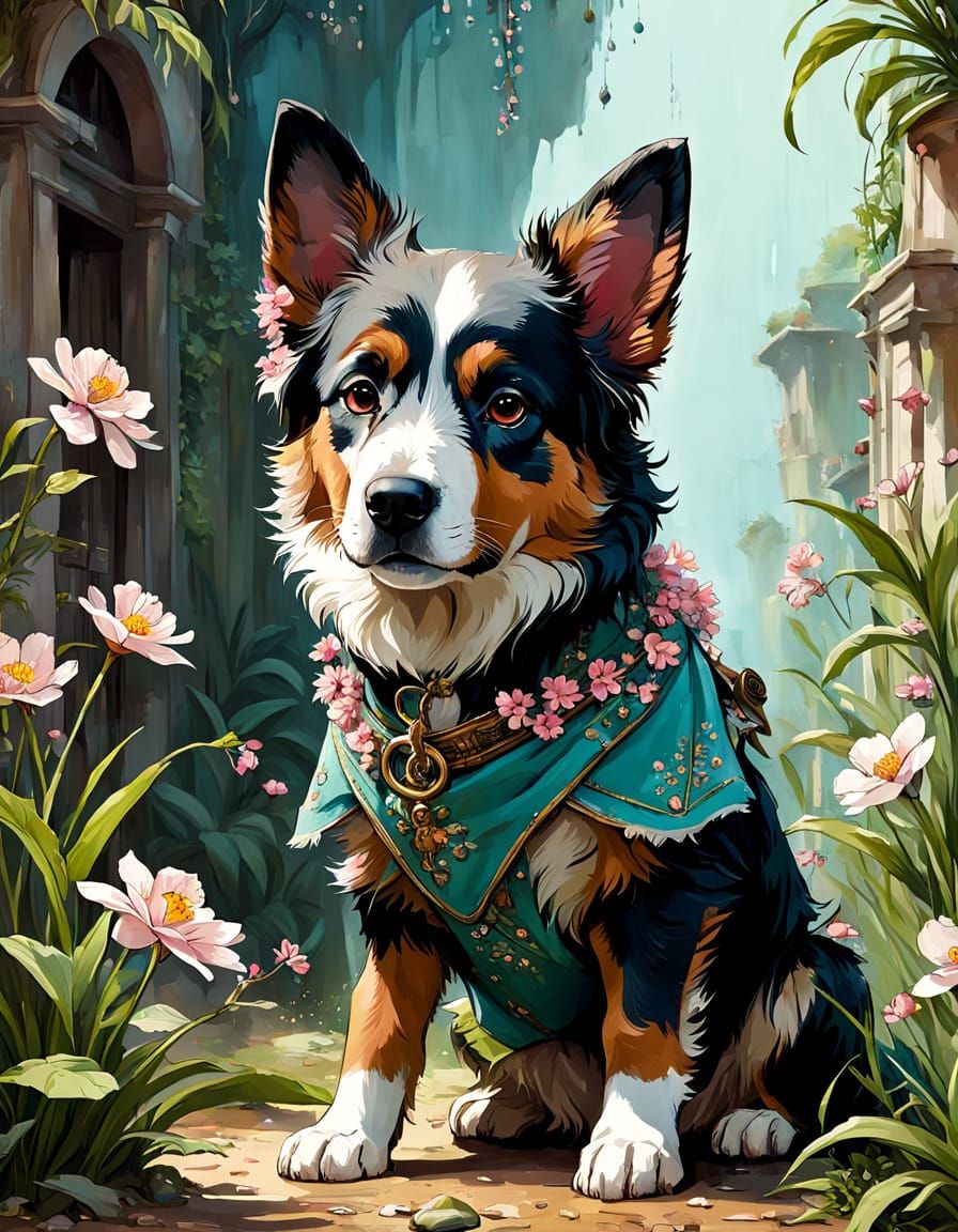 Vibrant Springtime Majorca Shepherd Dog in Whimsical Digital...