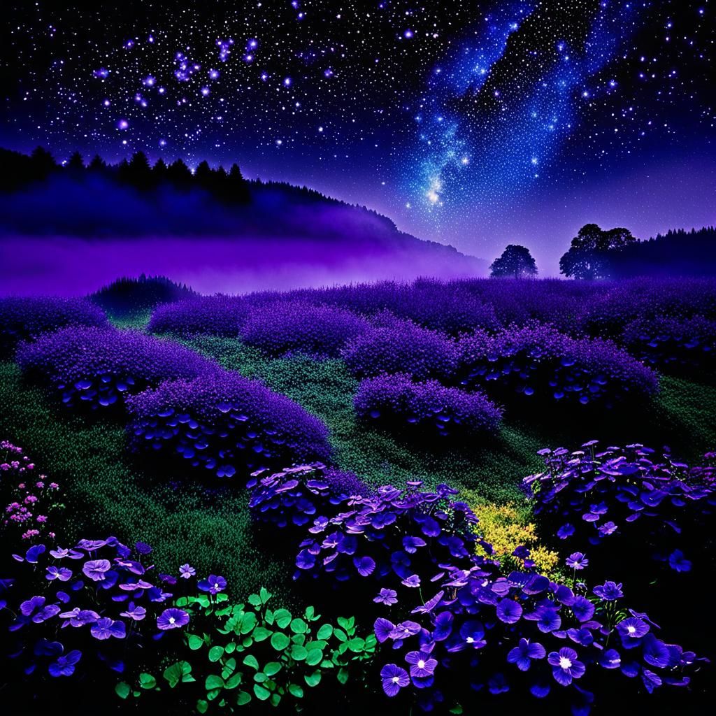 Dreamy Purple Garden with Twinkling Stars