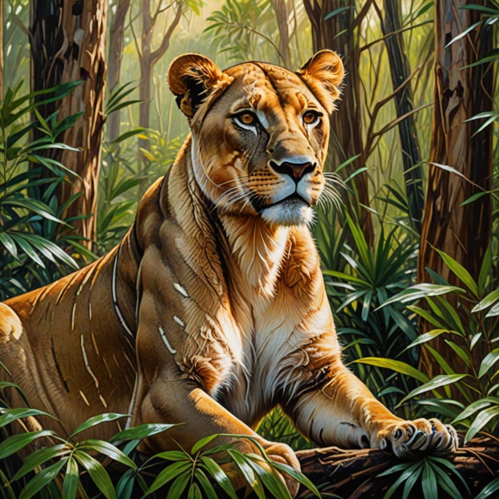 Striped Lioness in Rainforest: Digital Wildlife Art