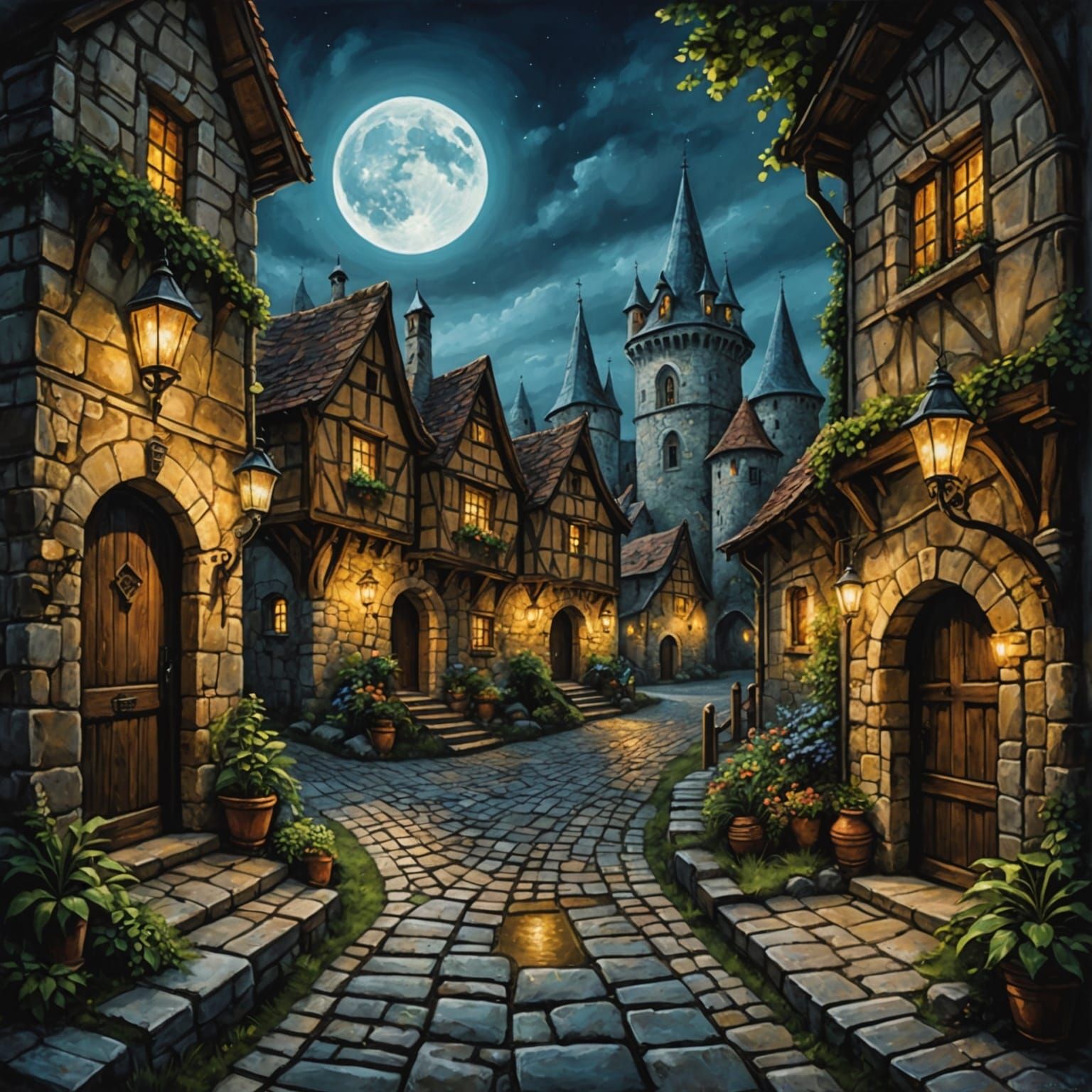 Moonlit Fantasy Village Acrylic Painting