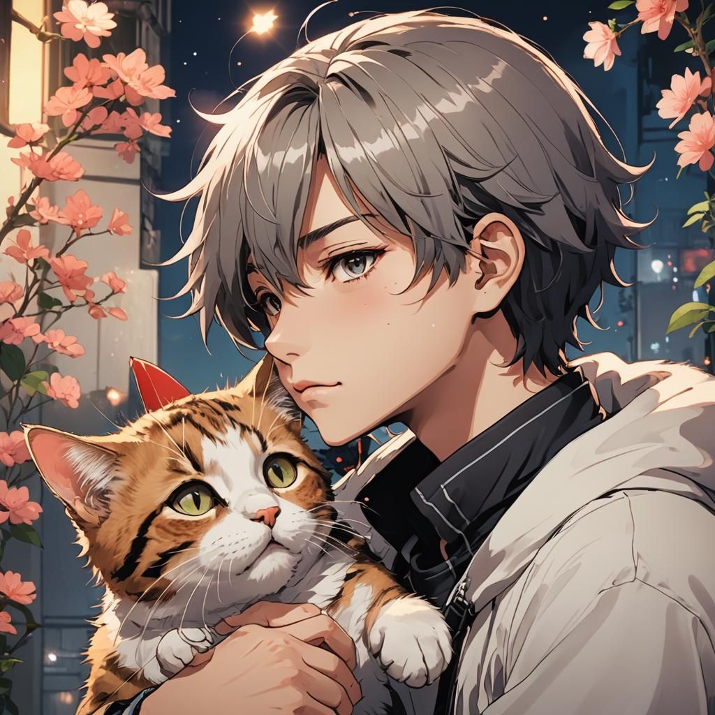 Neko Boy Kisses Cat: Manga-Style Anime Art