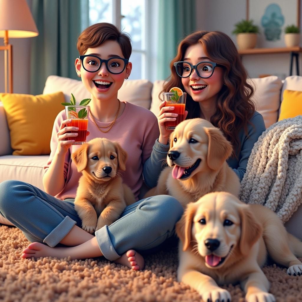 Cozy Living Room Scene with Happy Women and Dogs