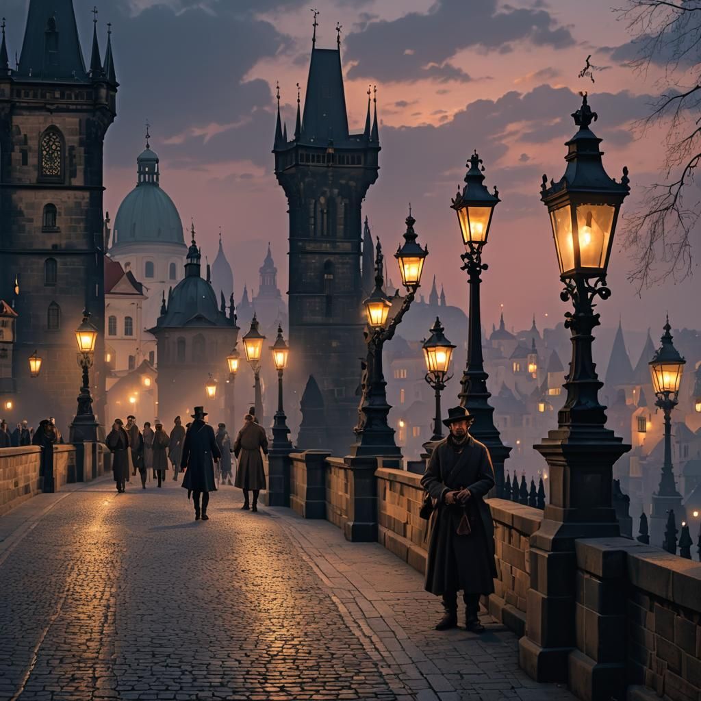 Prague Lamplighter on Charles Bridge at Dusk