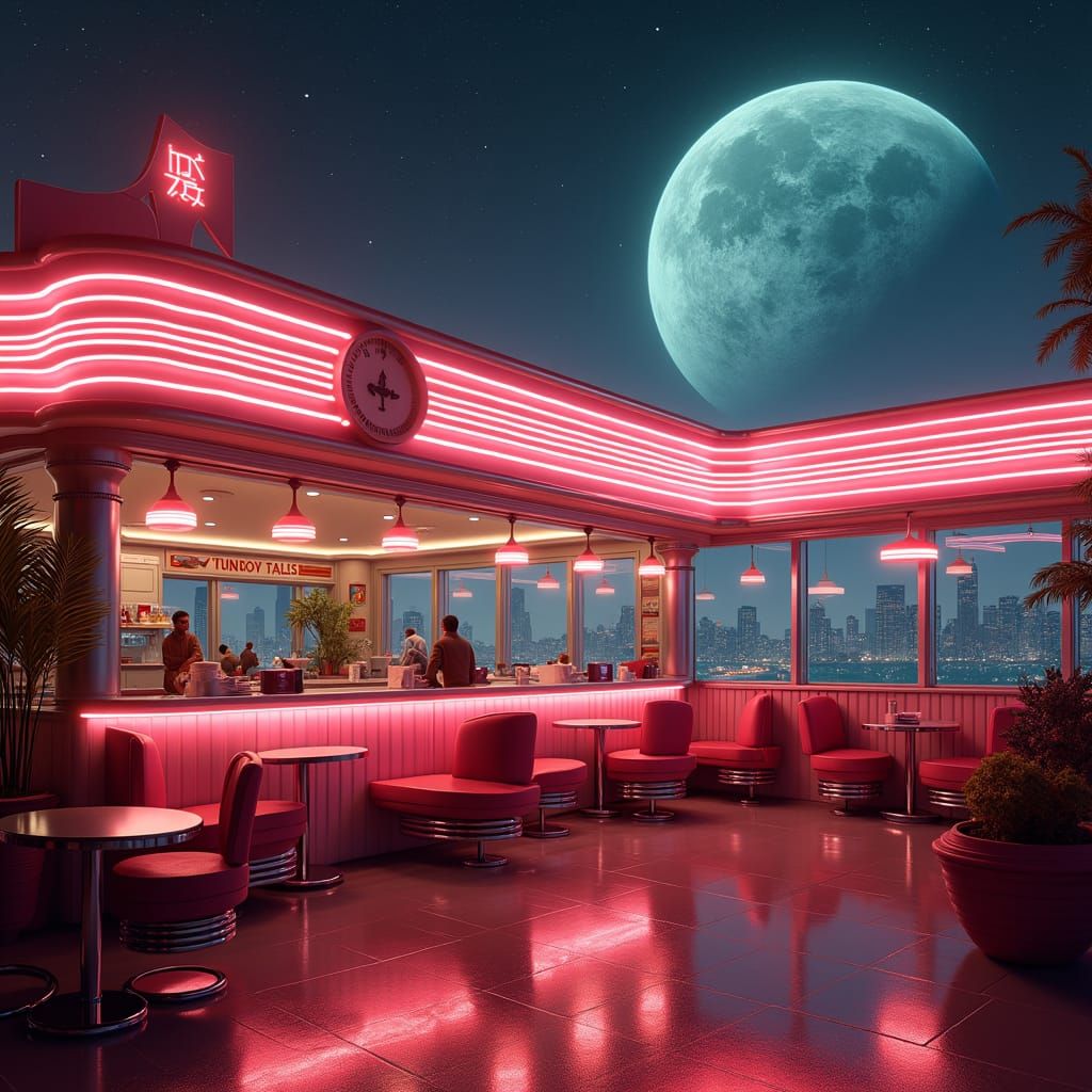 Vintage Diner in Space with Neon Lights