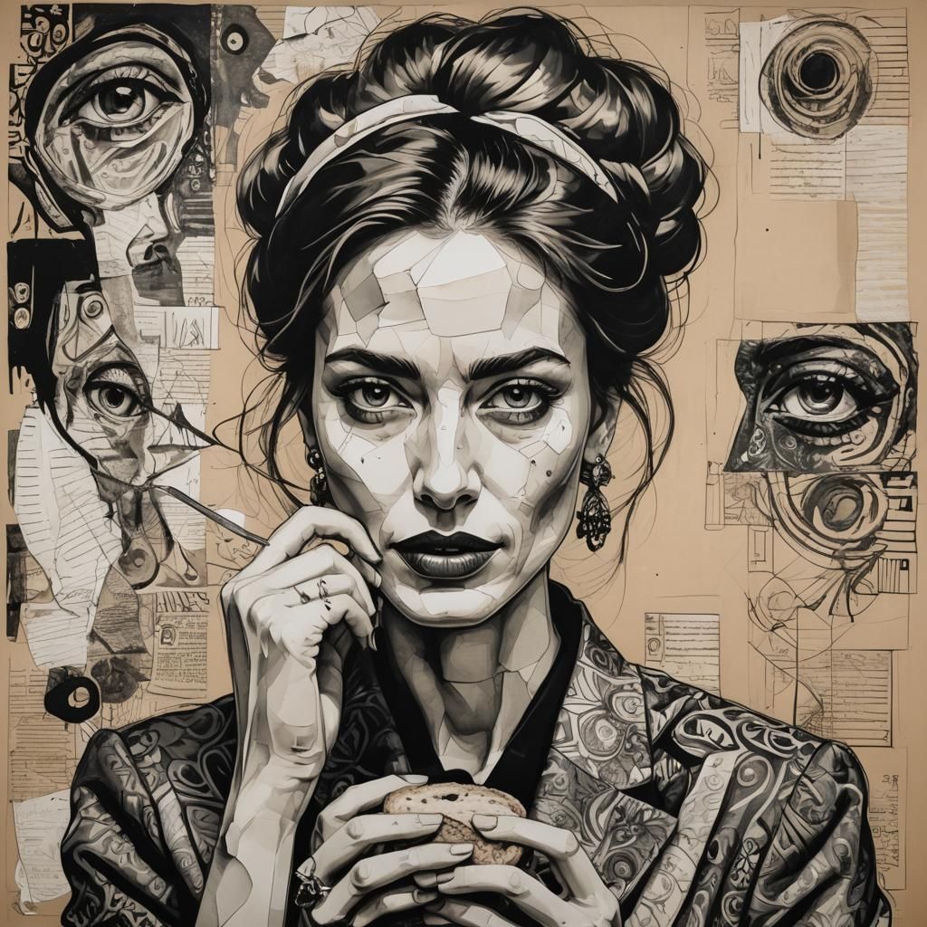 Fashionable Woman Portrait with Expressive Eyes in Ink Paint...