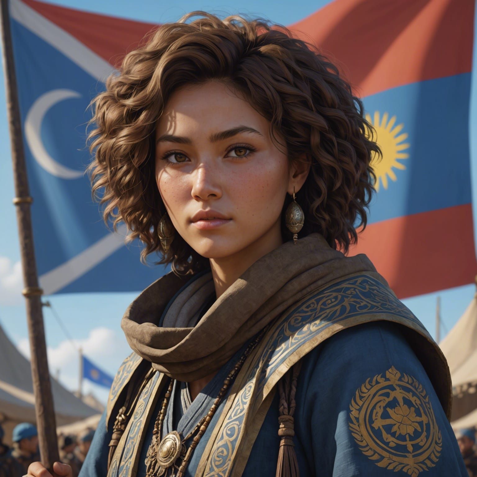 Central Asian Woman with Afro, Anime Style