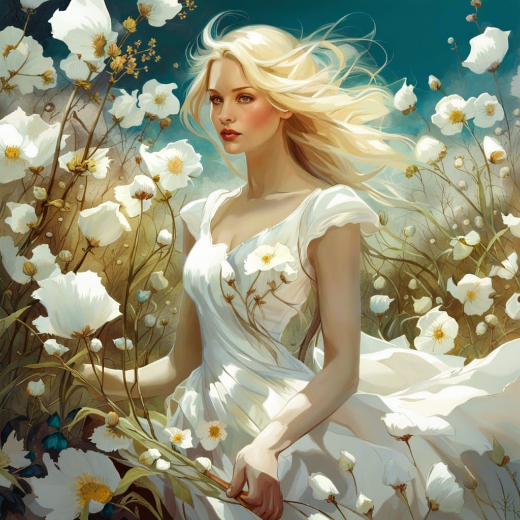 Fairytale Girl Picking Magic Spring Flowers