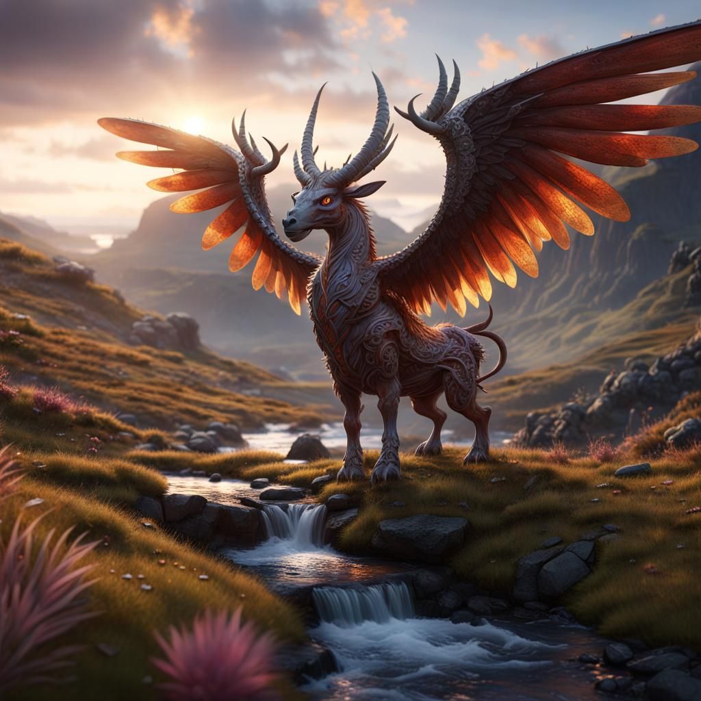 Mythical Jeweled Creature in Scotland Highlands Sunrise