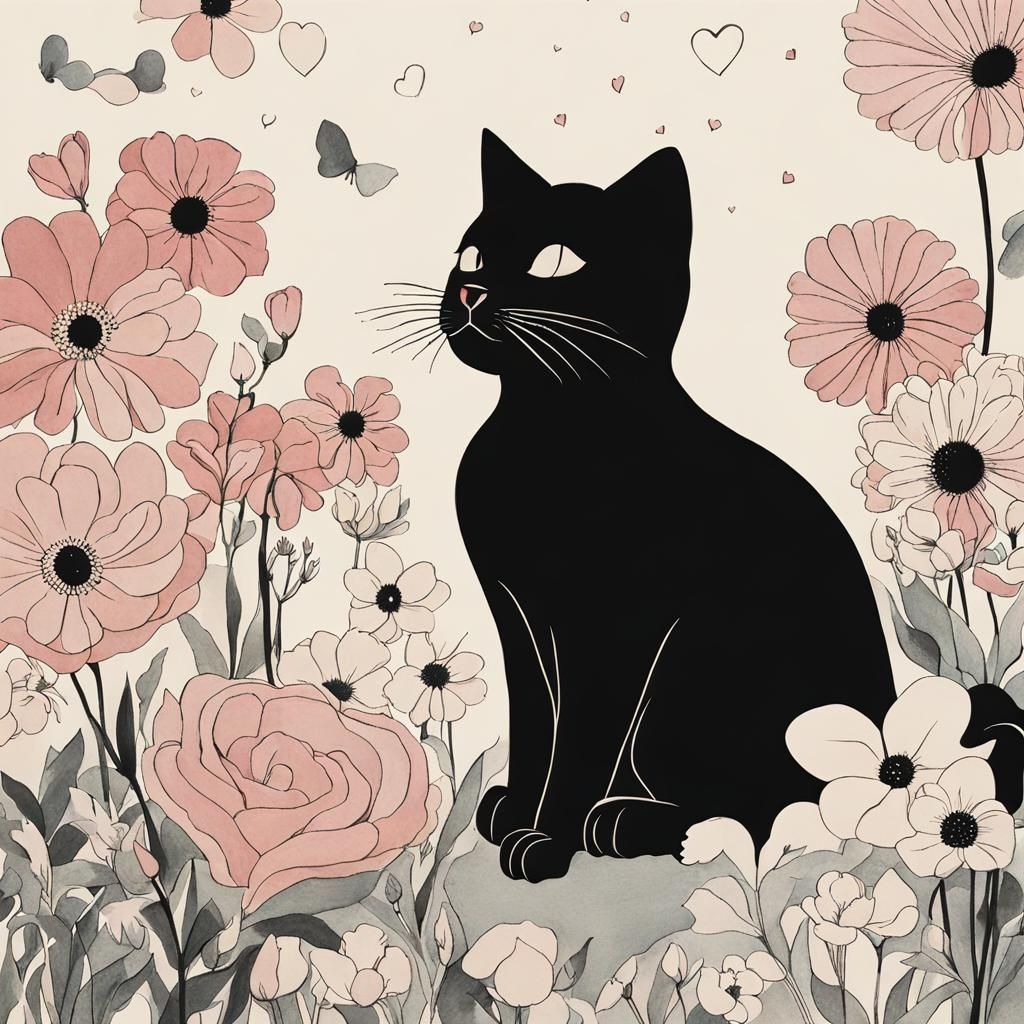 Silhouette Art: Cat with Flowers and Hearts