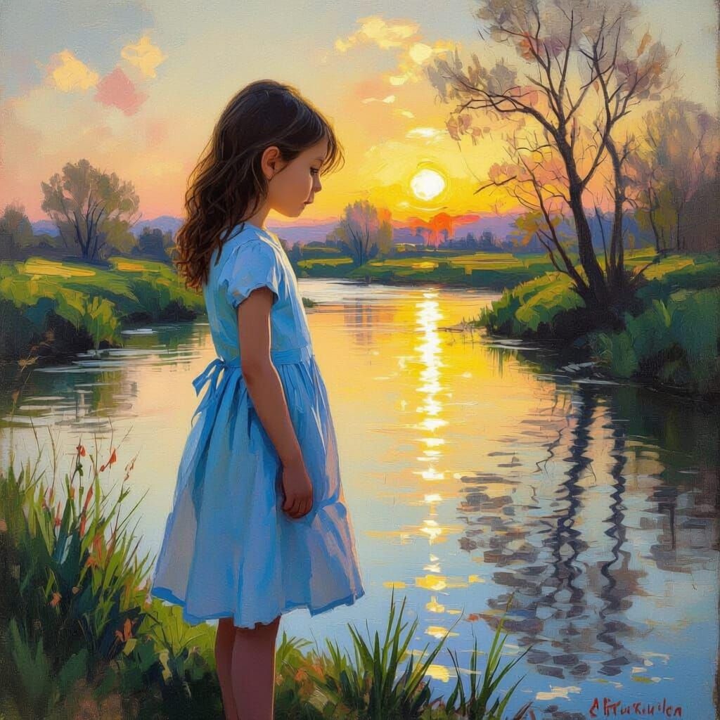 Impressionist Oil Painting of Girl Gazing at River Reflectio...