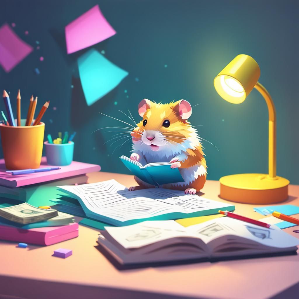 Hamster Reads at Desk in Low-Poly Art Style