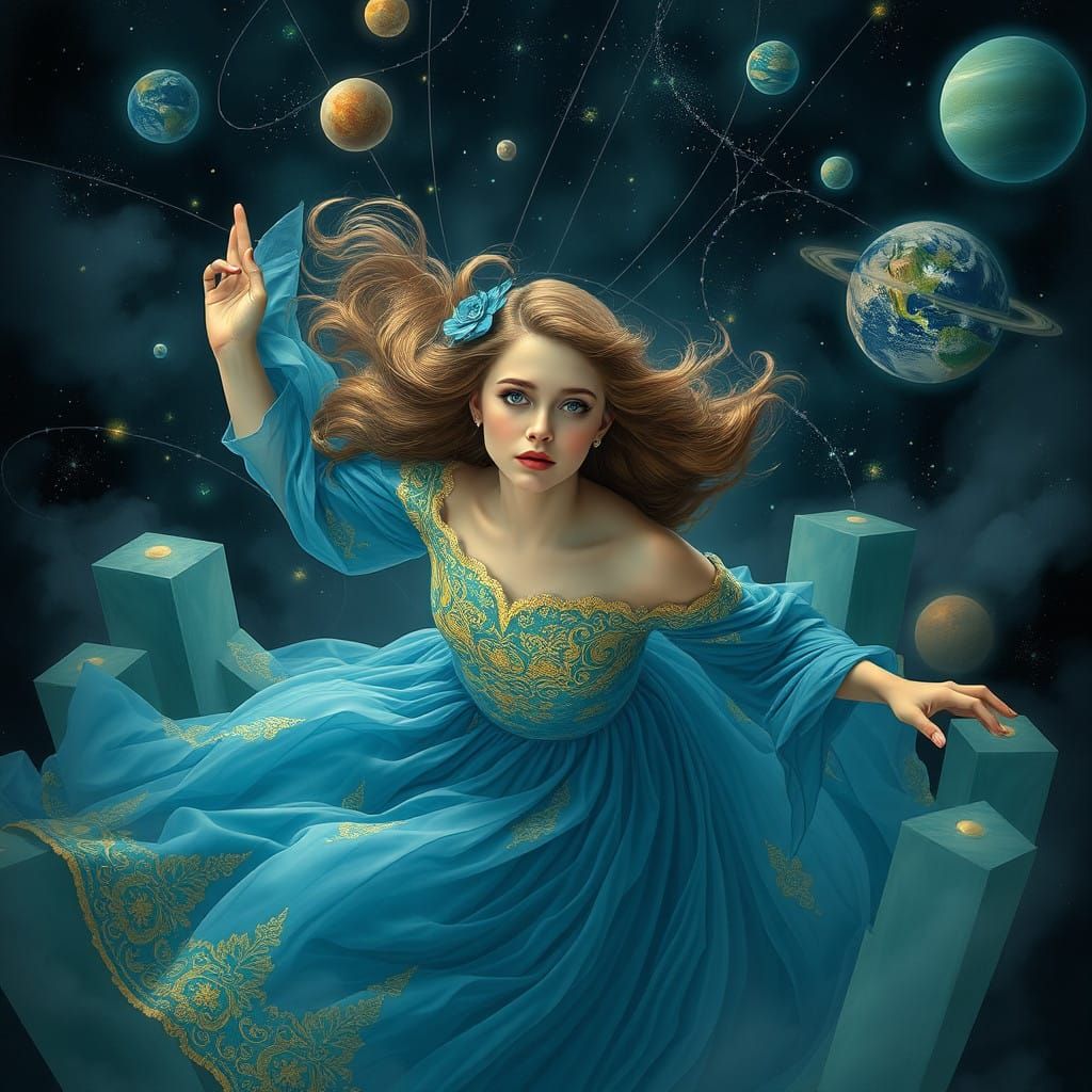Lady in Azure Gown Falls Towards the Earth