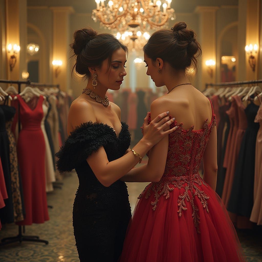 Woman Tries on Manteau in Alphonse Mucha Style