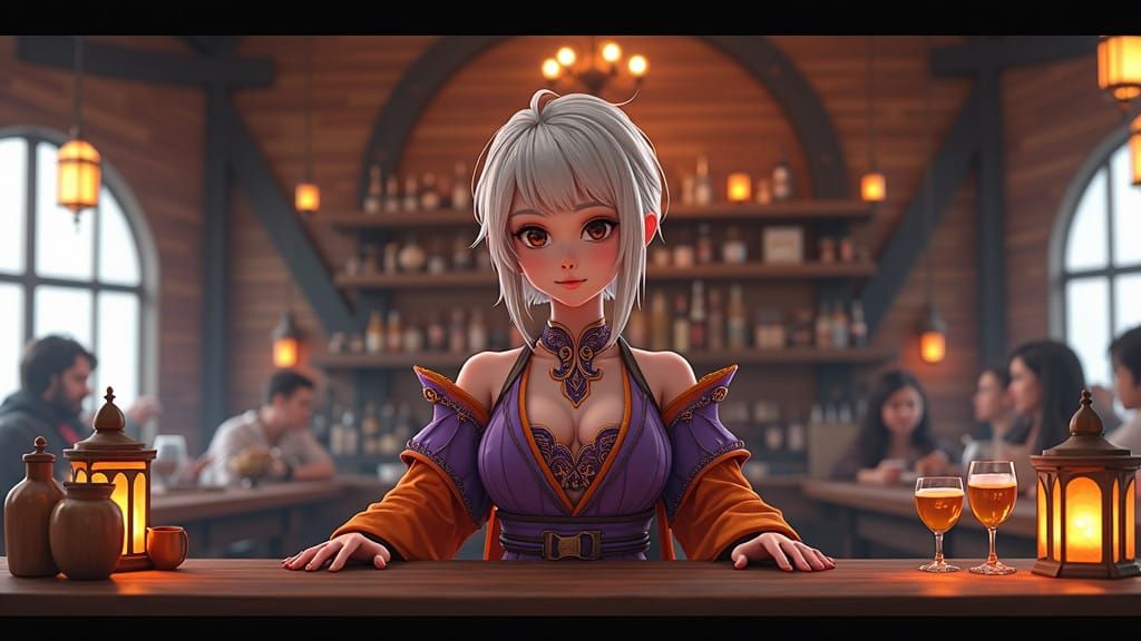 Androgynous Tavern Keeper in Vibrant, Pixel-Cut Attire