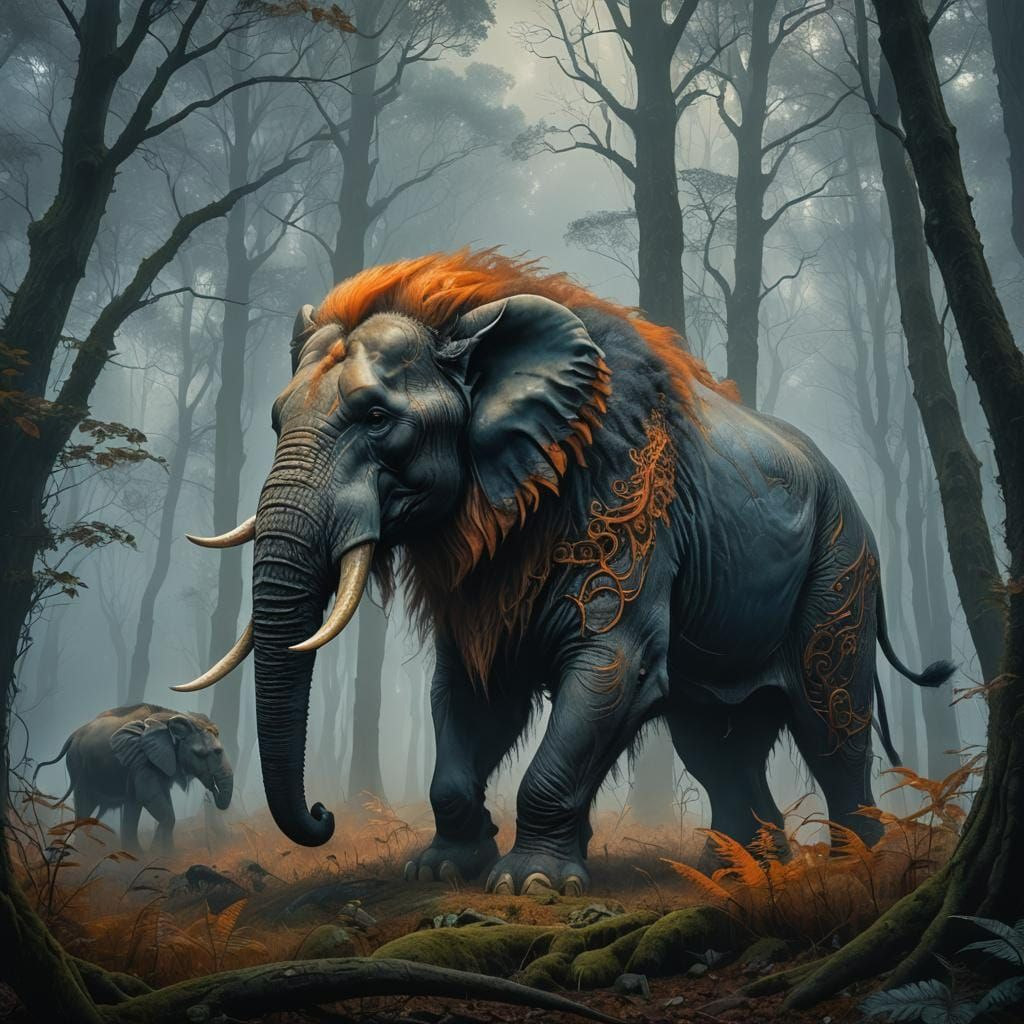 Elephant-Lion Hybrid in German Forest: Fantasy Concept Art