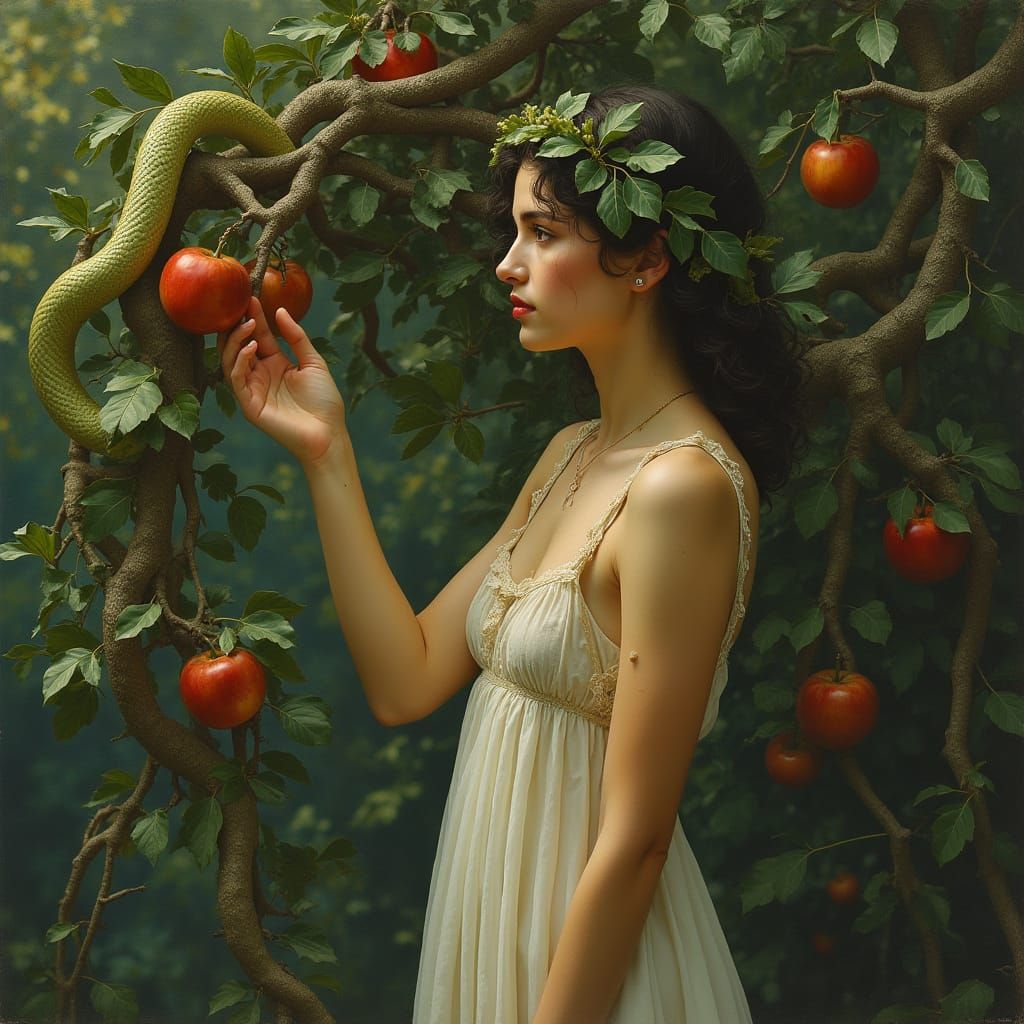 Woman in Fig Leaf Gown Reaches for Apples in Lush Forest wit...
