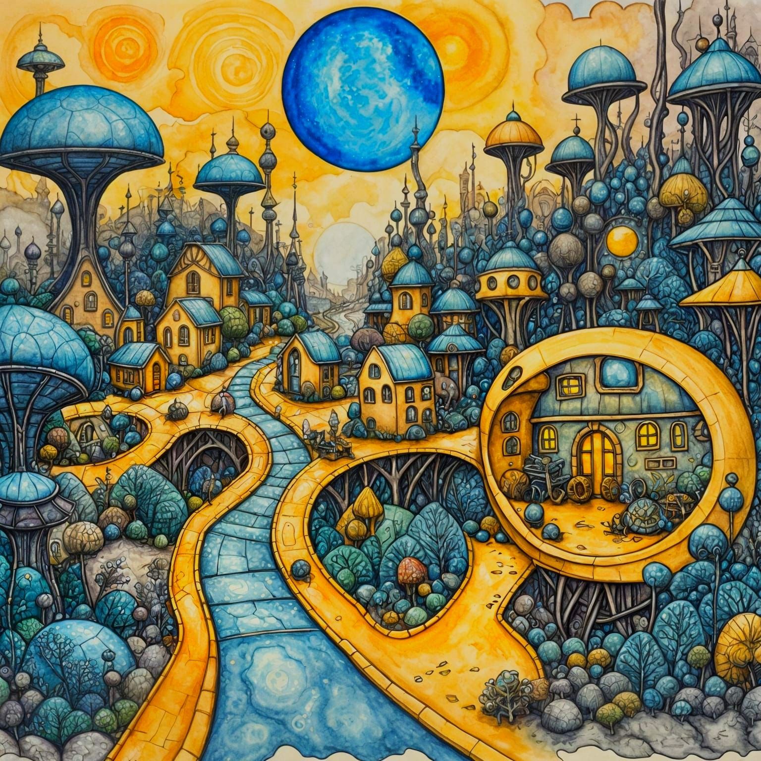 Futuristic Alien Fairy Village: Watercolor Illustration