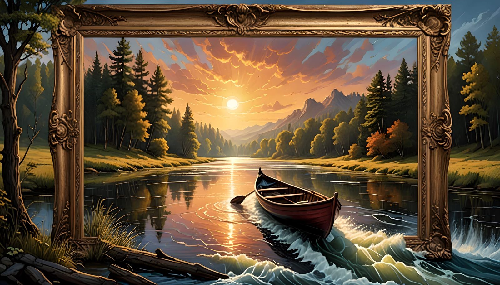 Rowboat Through Giant Picture Frame on River