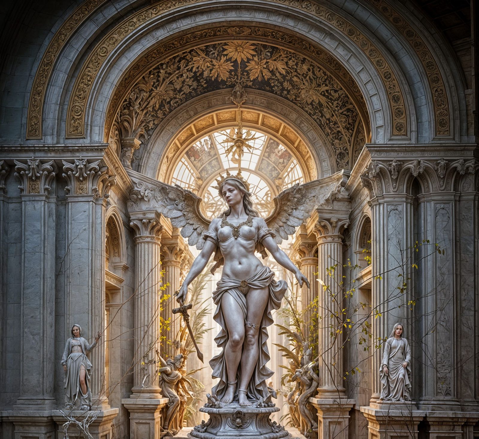 Winged Victory in Neo-Renaissance Arcade, Watercolor Paintin...