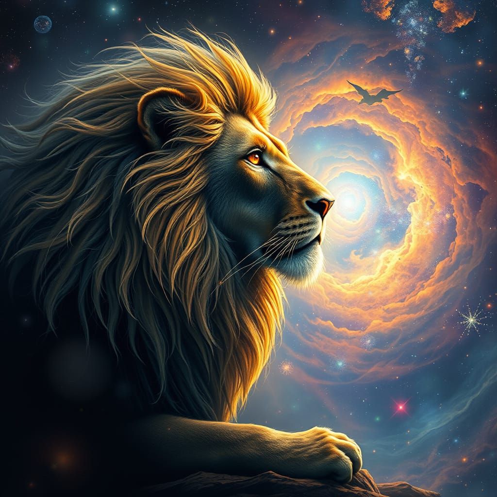 Cosmic Lion Gazing at Nebula in Surrealist Space Art