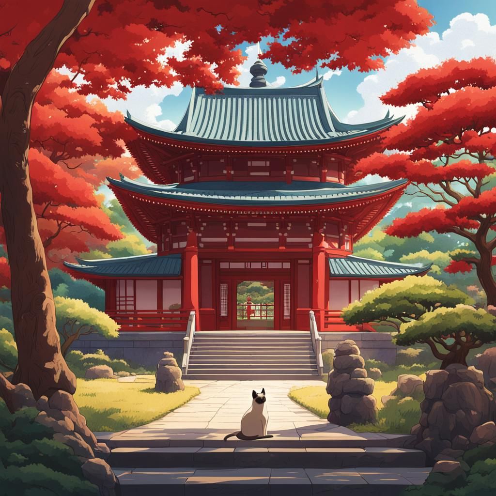 Siamese Cat in Japanese Garden: Ghibli Anime Style
