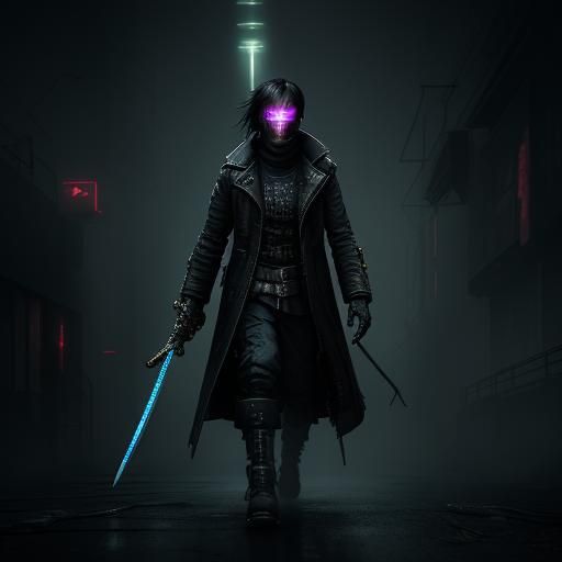 Cyberpunk Warrior in Steampunk Cityscape