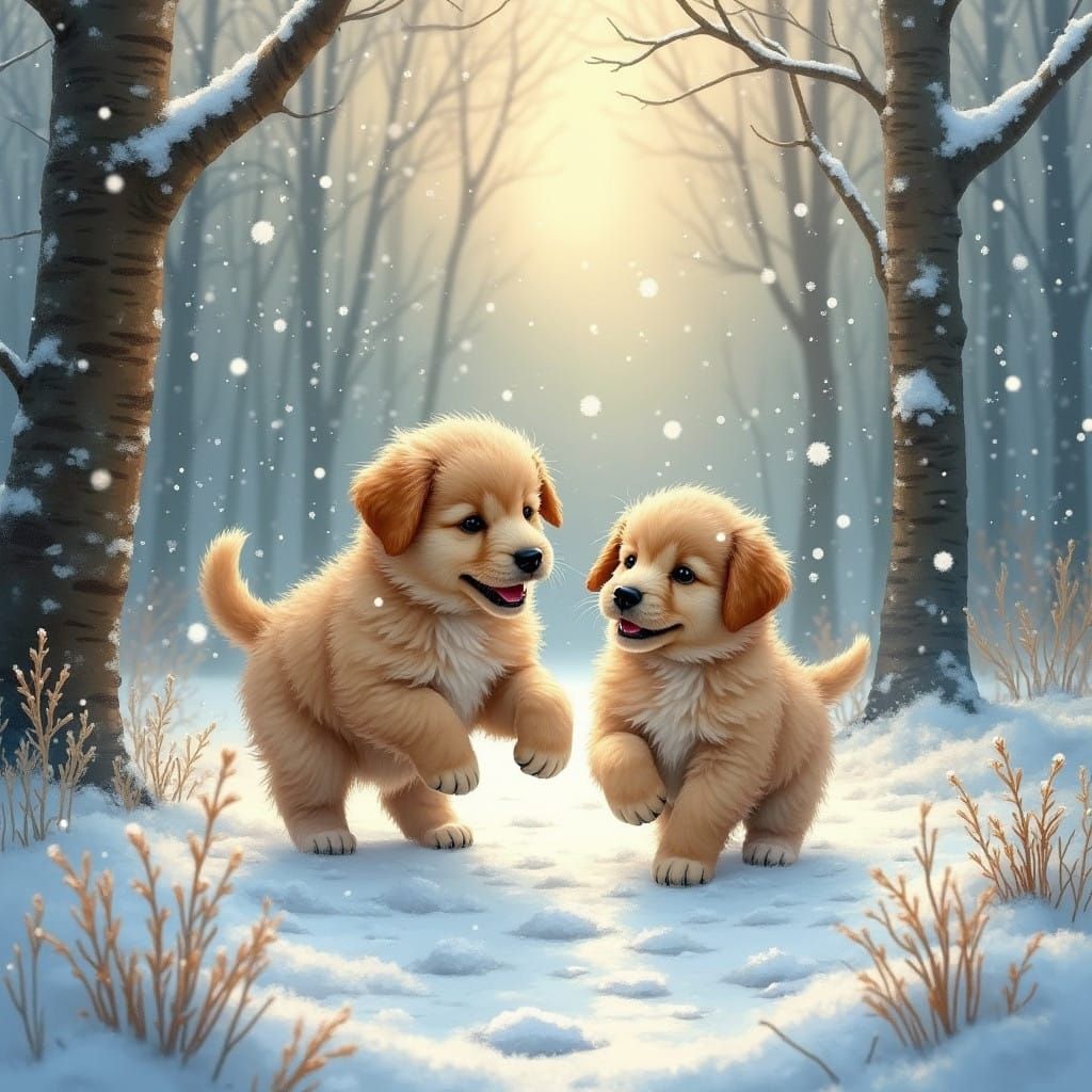 Adorable Puppies in a Snowy Forest Wonderland