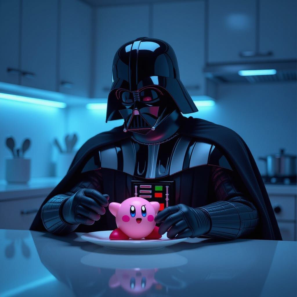 Darth Vader Tries To Eat Kirby in Futuristic Kitchen