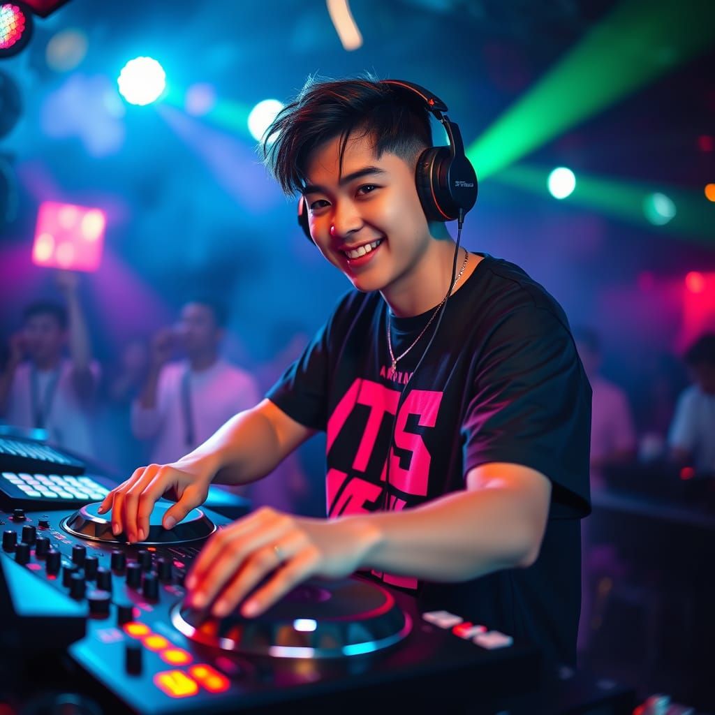 Charismatic DJ Spinning Tracks in a Vibrant Nightclub