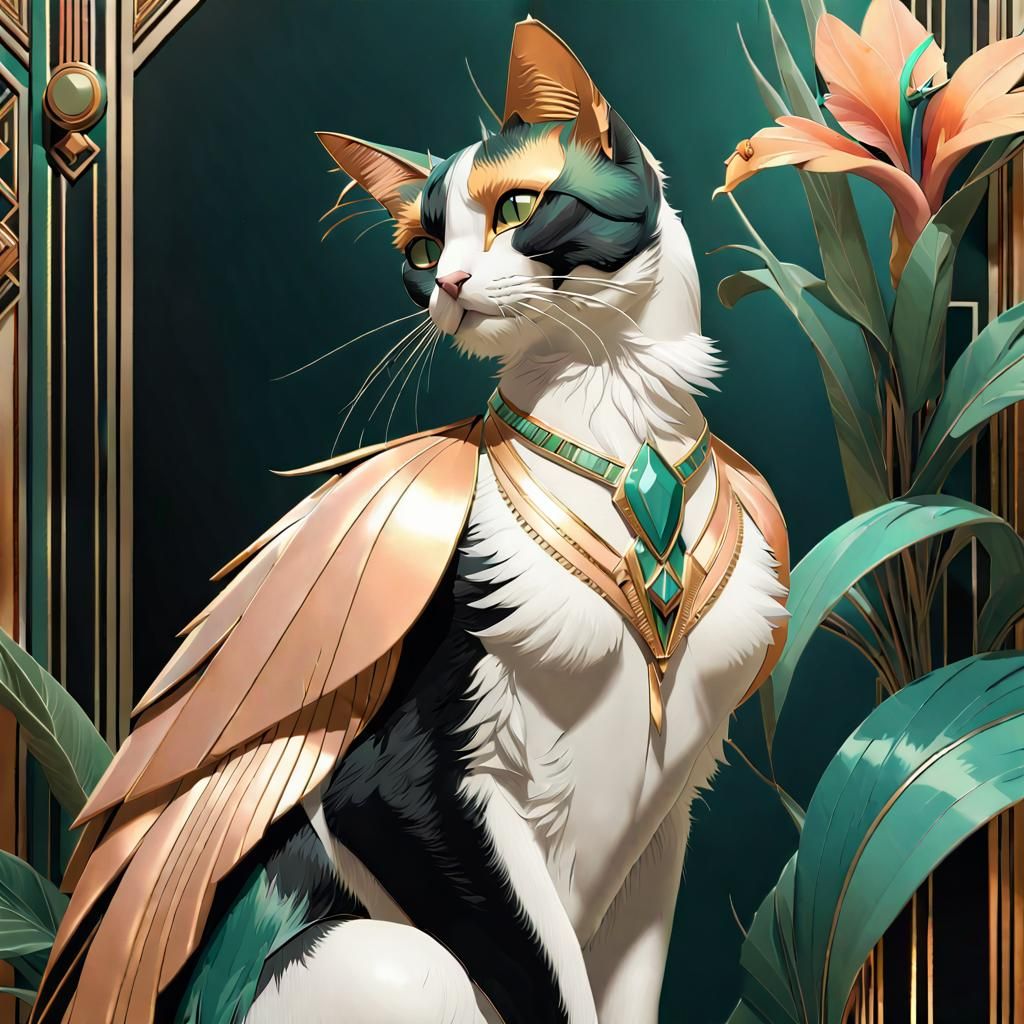 Art Deco Tuxedo Cat with Bird of Paradise Flowers