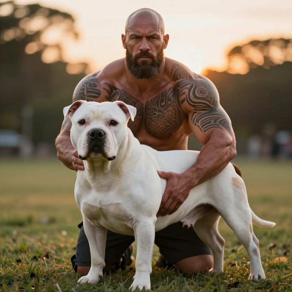 Tattooed Man and Staffordshire Dog at Golden Hour