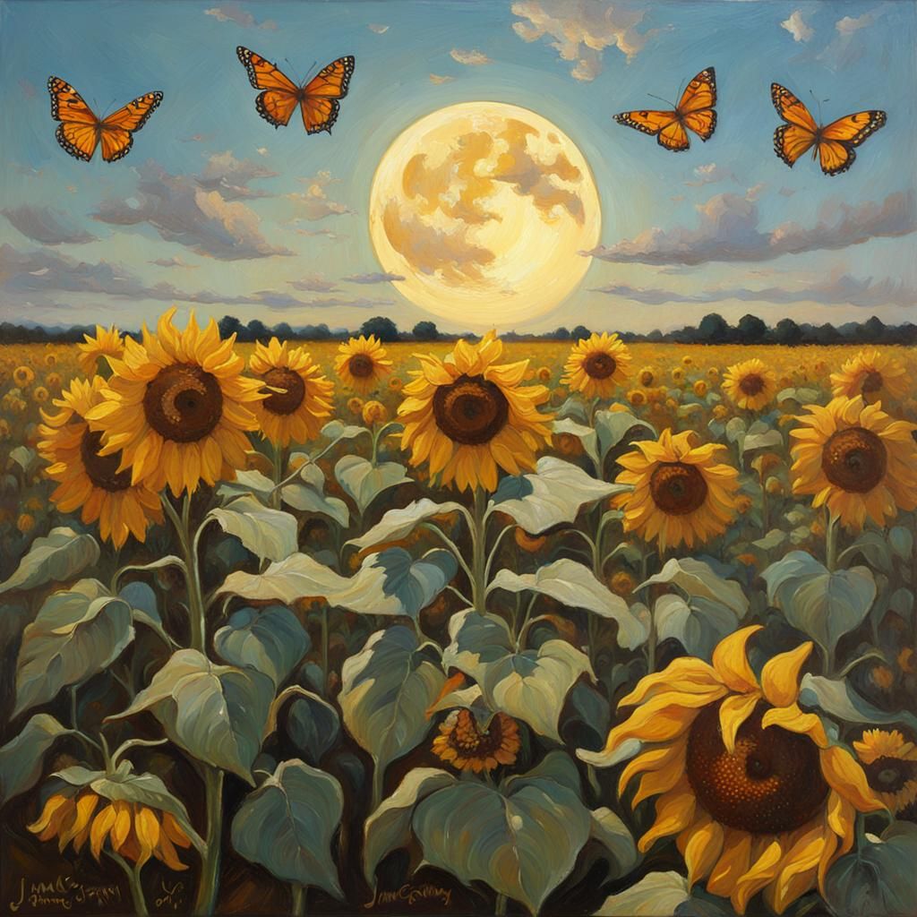 Butterflies and Sunflowers: Moonlit Oil Painting