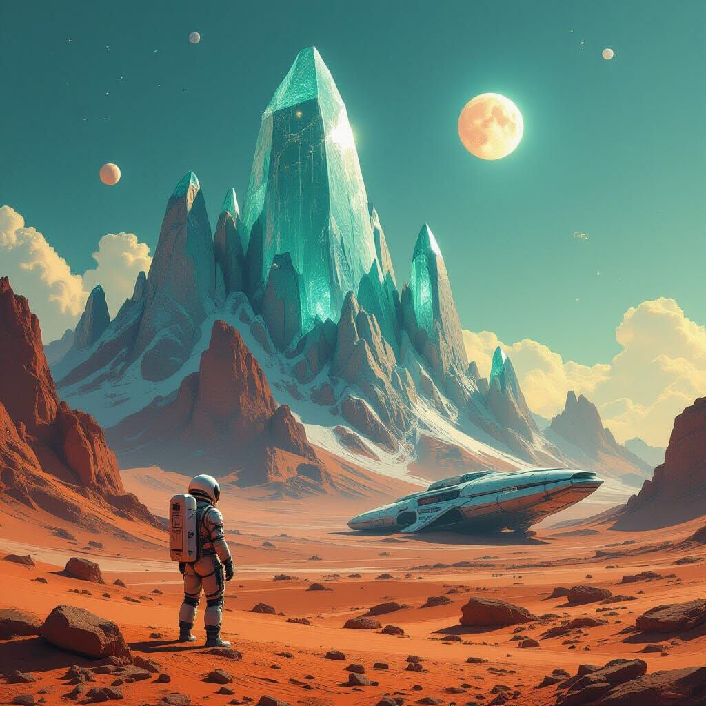 Astronaut Explores Alien World with Crystal Mountains