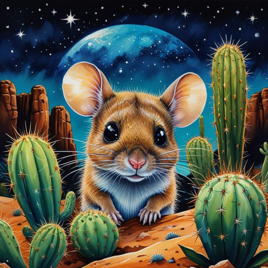 Desert Mouse in Starlit Cactus Landscape, Alcohol Ink Style