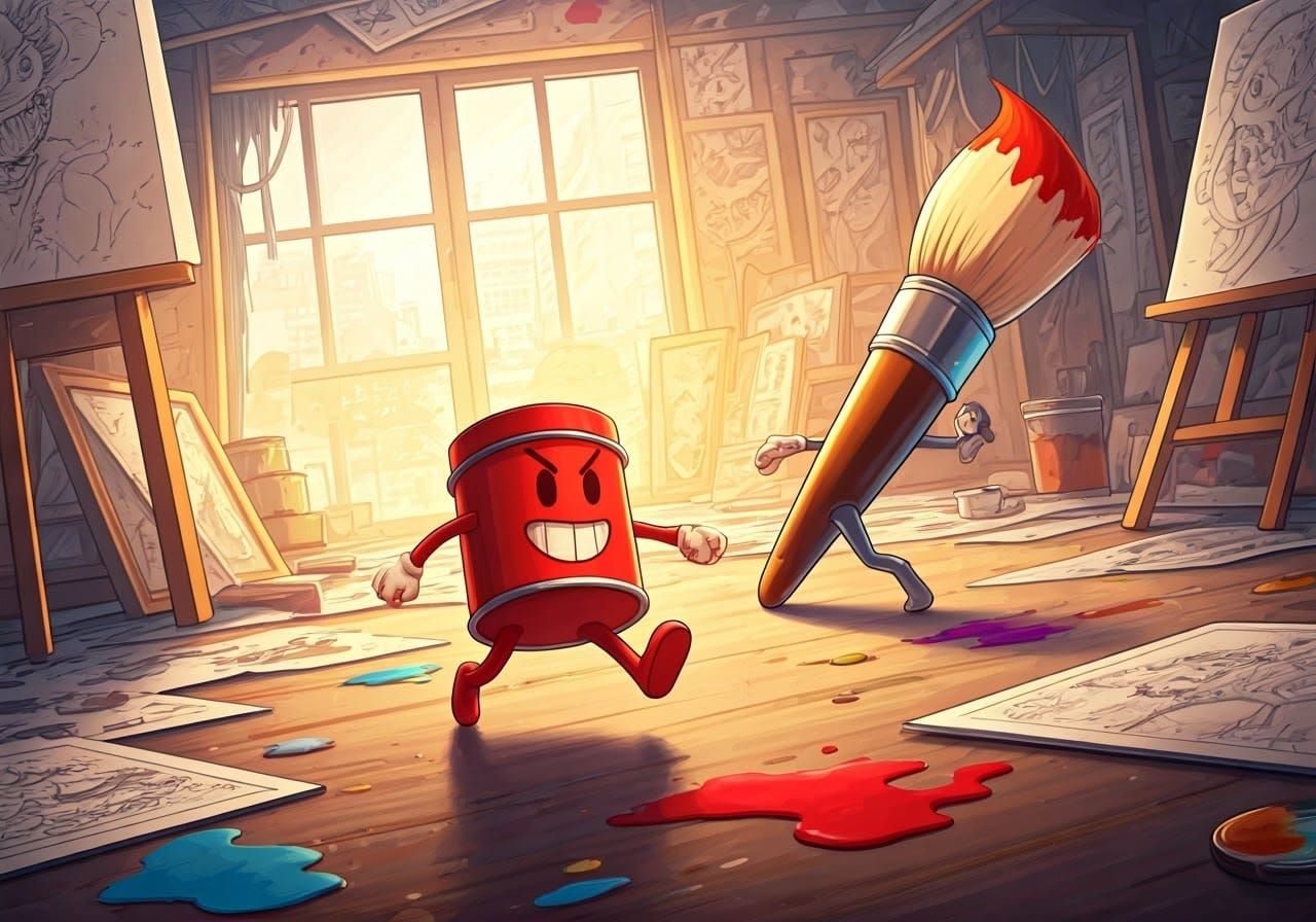 Red Paint Tin Runs from Paintbrush in Anime Style
