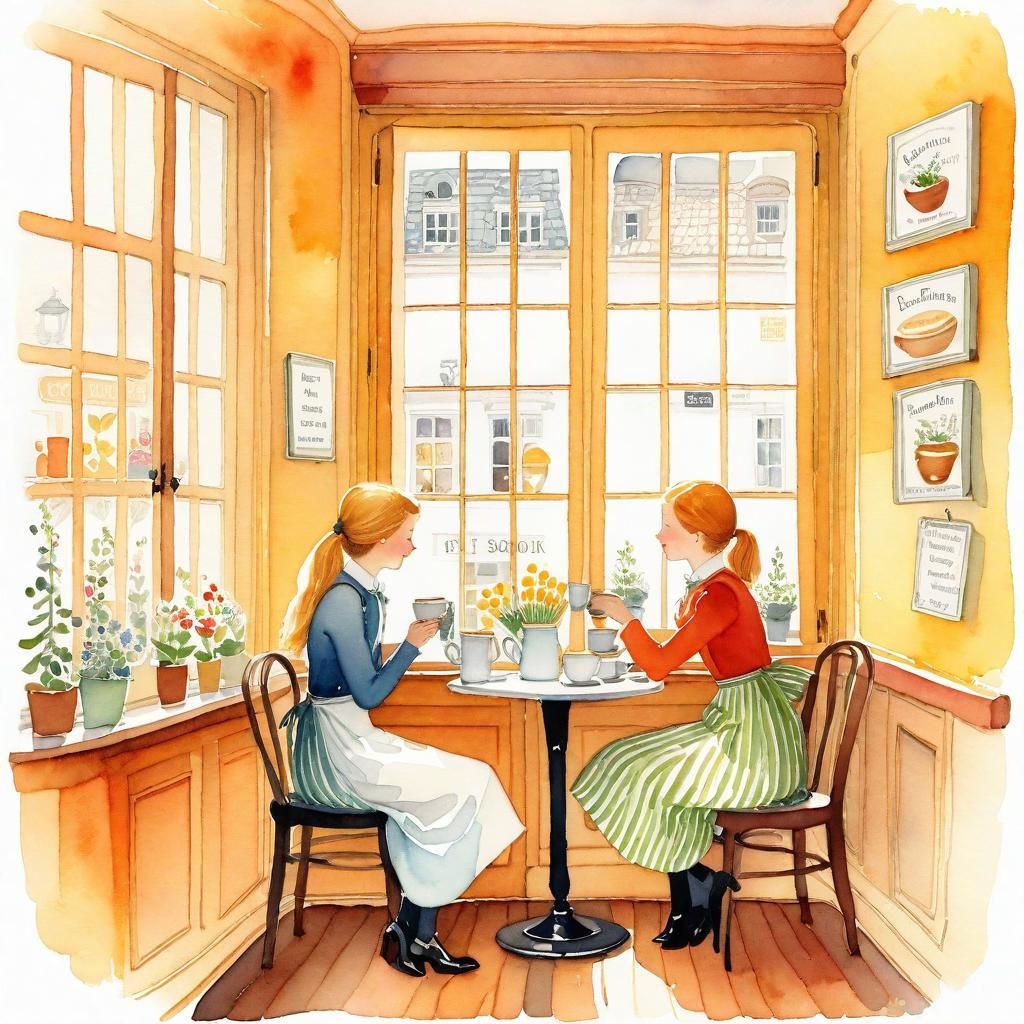 Cozy Cafe Scene with Waitress, in Watercolor Style