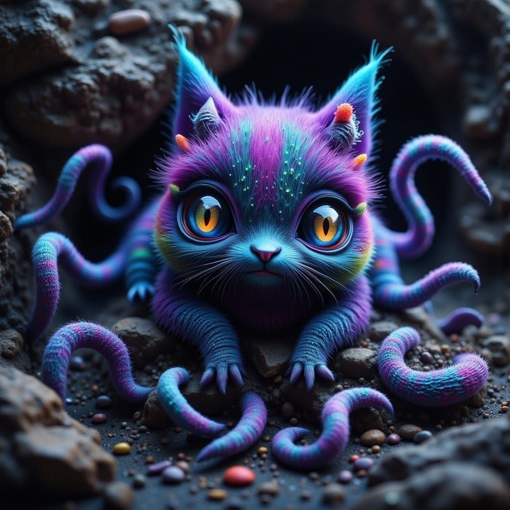 Creepy-Cute Creature with Neon Stripes and Tentacles