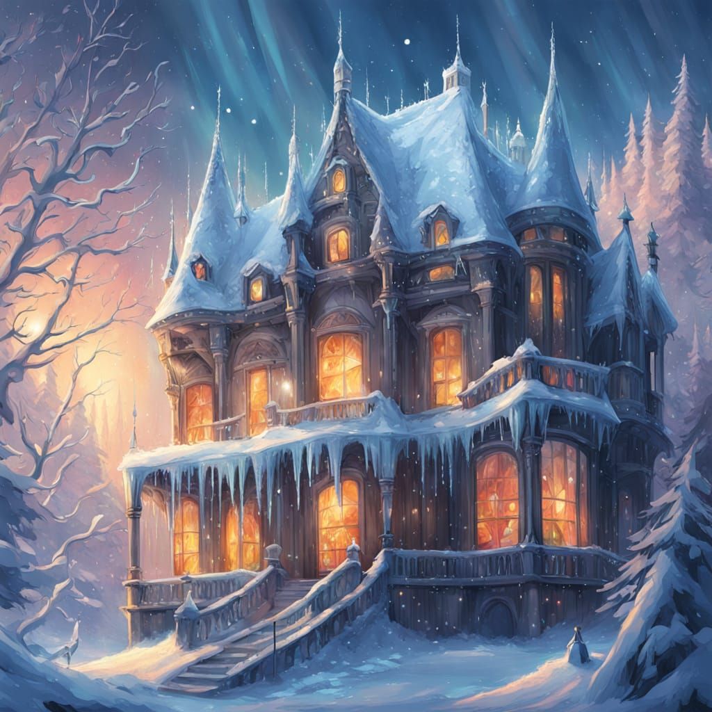 Surreal Winter Princess Castle in Vibrant Oil Painting Style