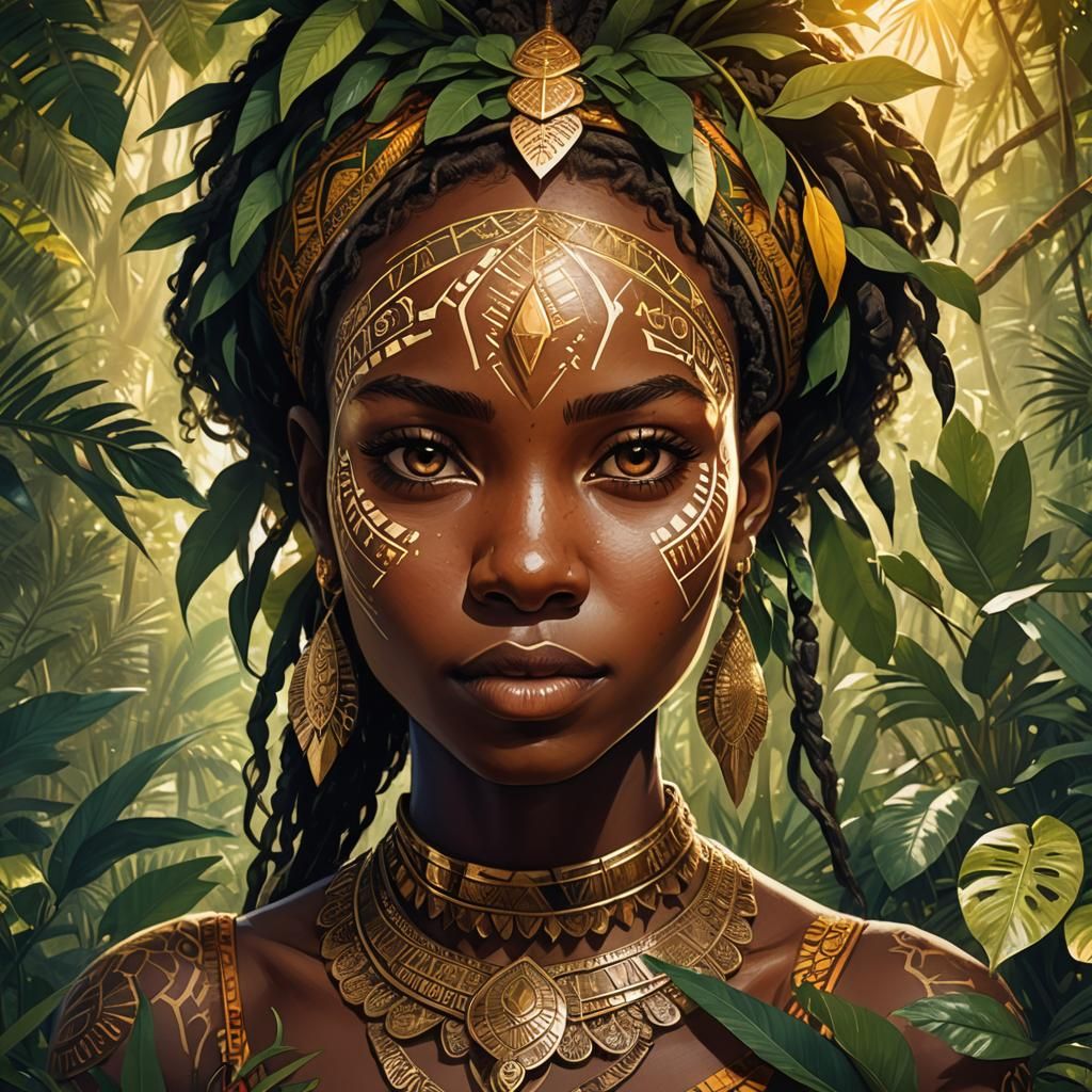 African Girl Portrait in Jungle, Digital Art