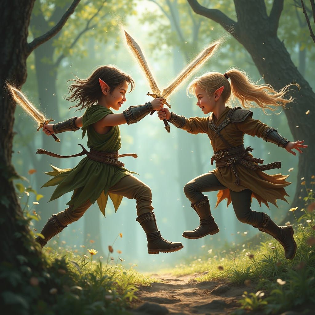 Agile Elf Children Engage in Playful Sword Duel Amidst Mysti...