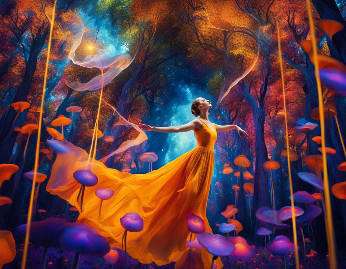 Ethereal Woman in Iridescent Forest: Surreal Digital Art