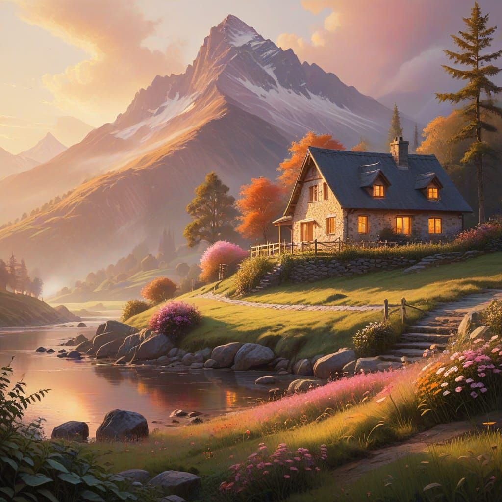 Golden Sunrise Over Mountain Cottage in Impressionist Style