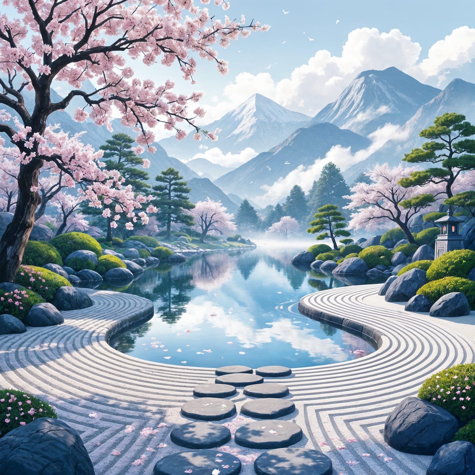 Zen Garden Amidst Misty Mountains with Cherry Blossoms