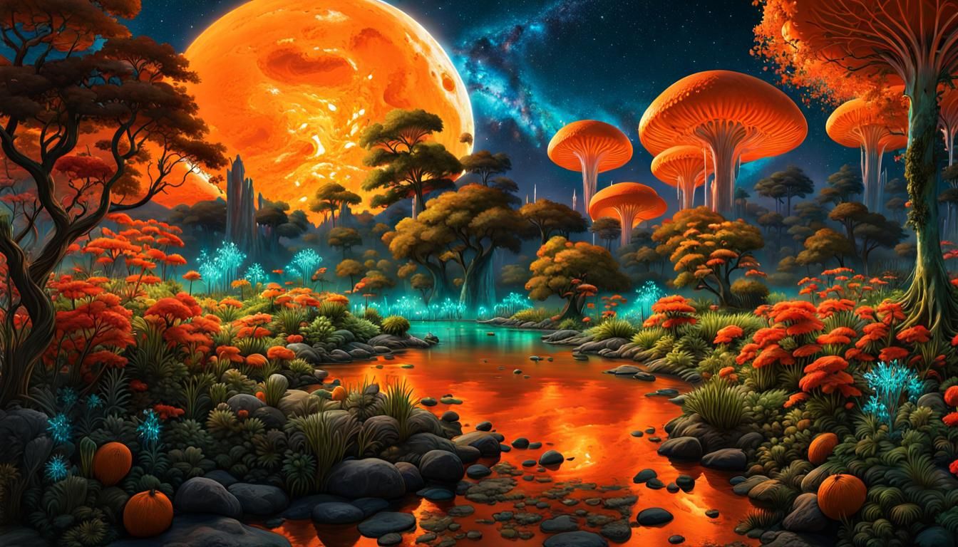 Bioluminescent Garden Under Psychedelic Galaxy Sky