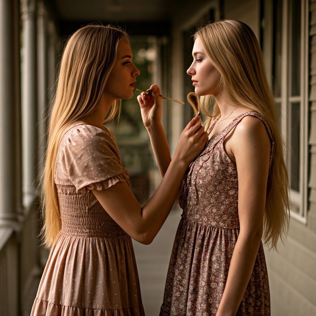 Blonde Woman in Frilly Dress Applies Makeup to Girlfriend